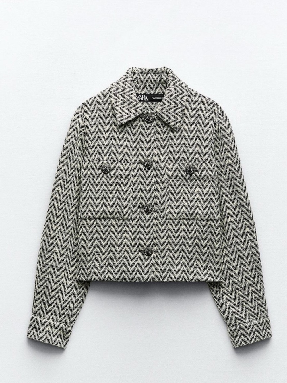 ZARA Black & White Herringbone Cropped Blazer Jacket